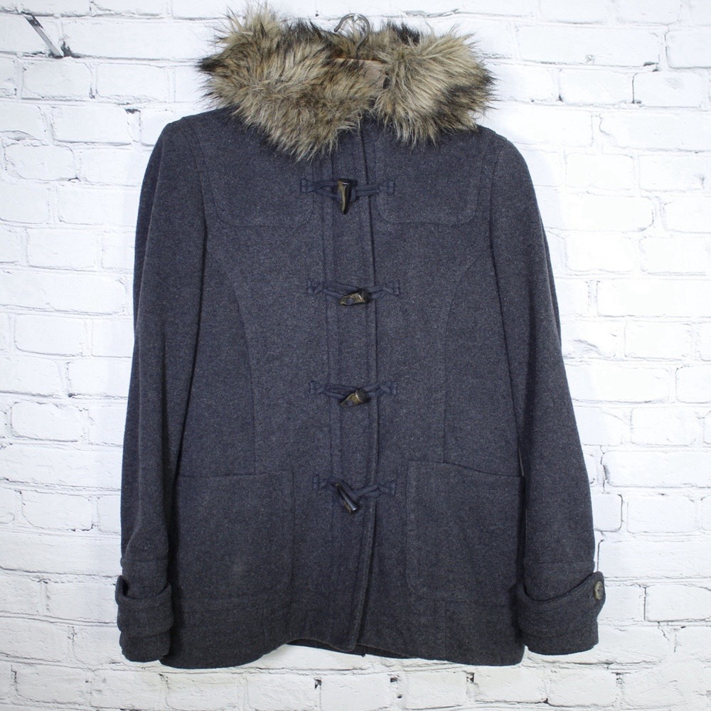 Vintage Aeropostale Wool Blend Jacket‎ Hooded Faux Fur Womens Size L Gray Toggle